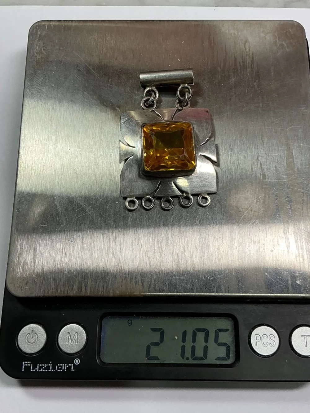 Vintage Sterling Silver Pendant W/ A Faceted Citrine Stone. 1.25” x 2”
